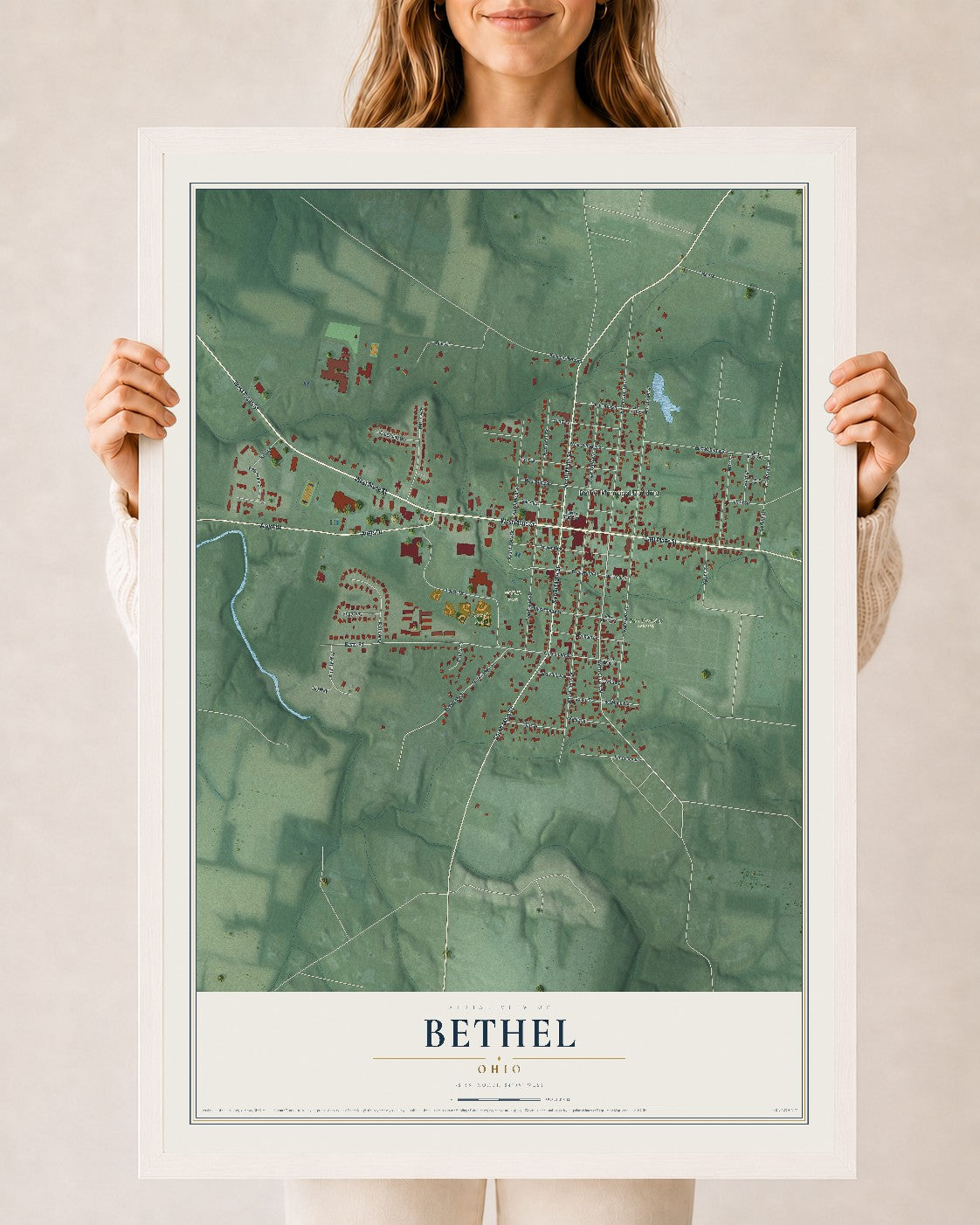 Map of Bethel, Ohio, 24 x 36 inch print in a white wood frame