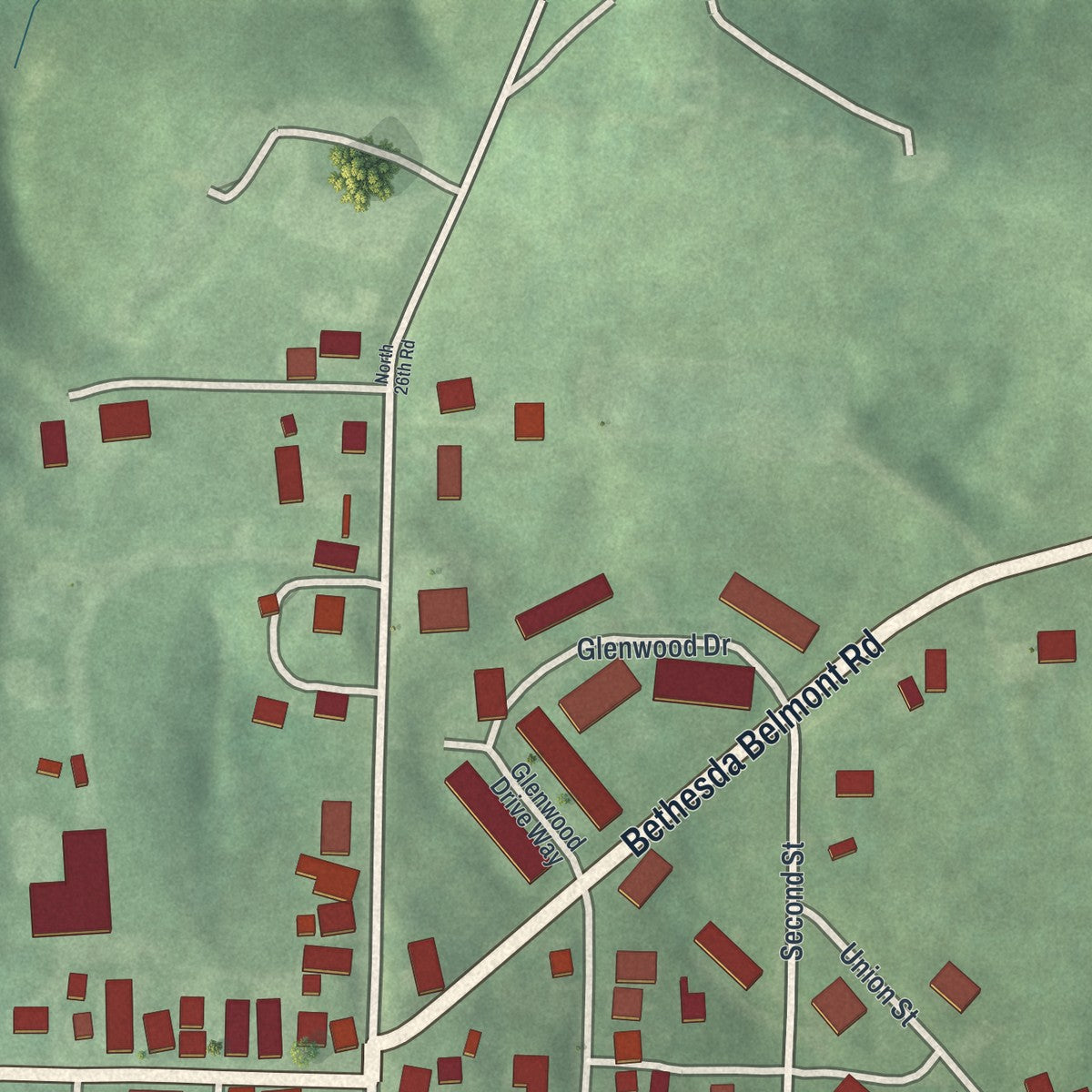 Second close-up of the map of Bethesda, Ohio print showing more streets and buildings
