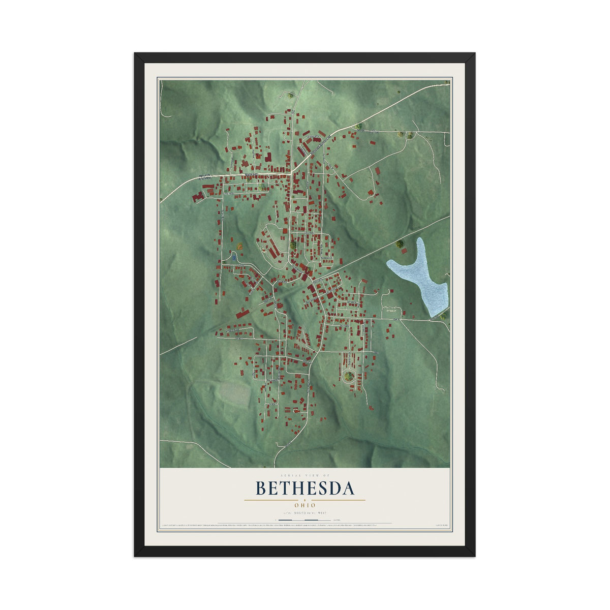 Map of Bethesda, Ohio, 12 x 18 inch print in a black wood frame