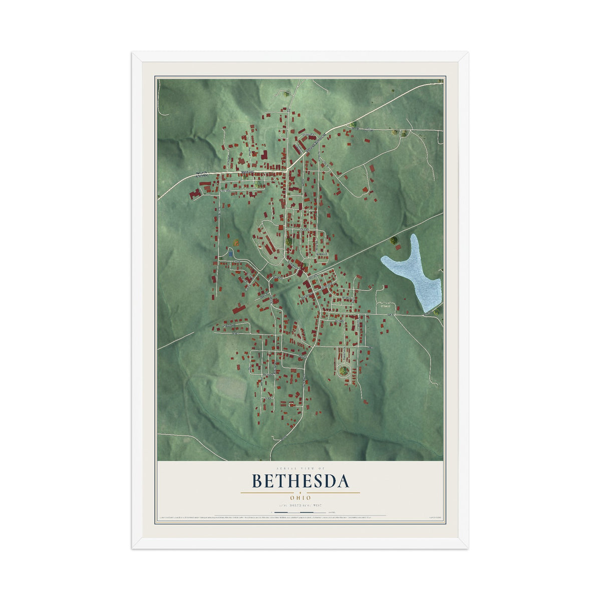 Map of Bethesda, Ohio, 12 x 18 inch print in a white wood frame