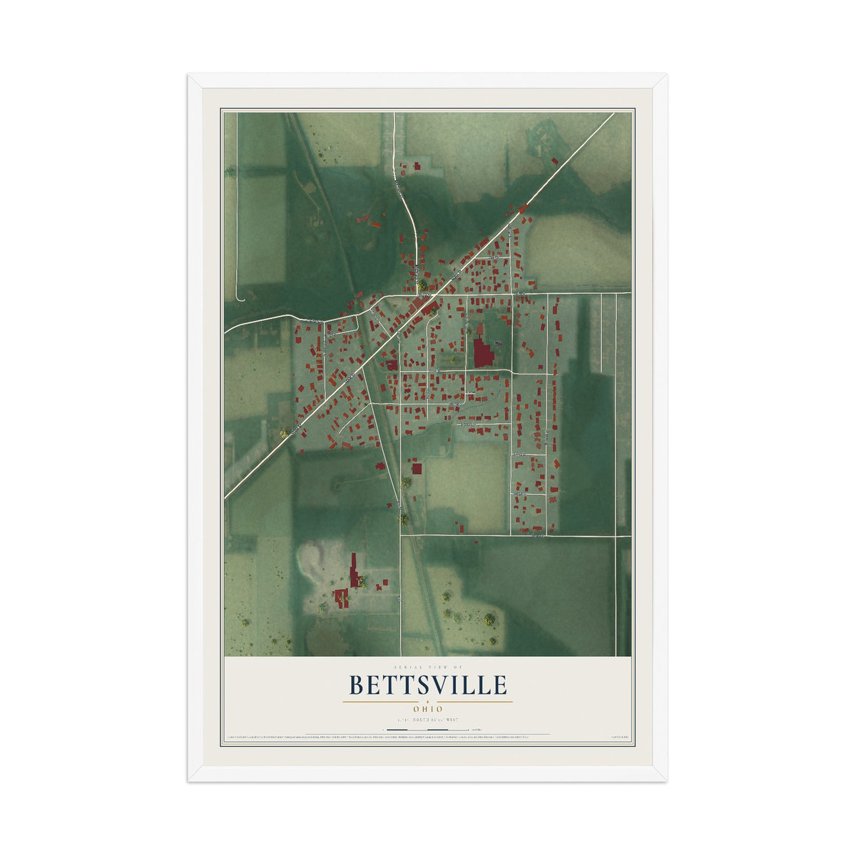 Map of Bettsville, Ohio, 12 x 18 inch print in a white wood frame