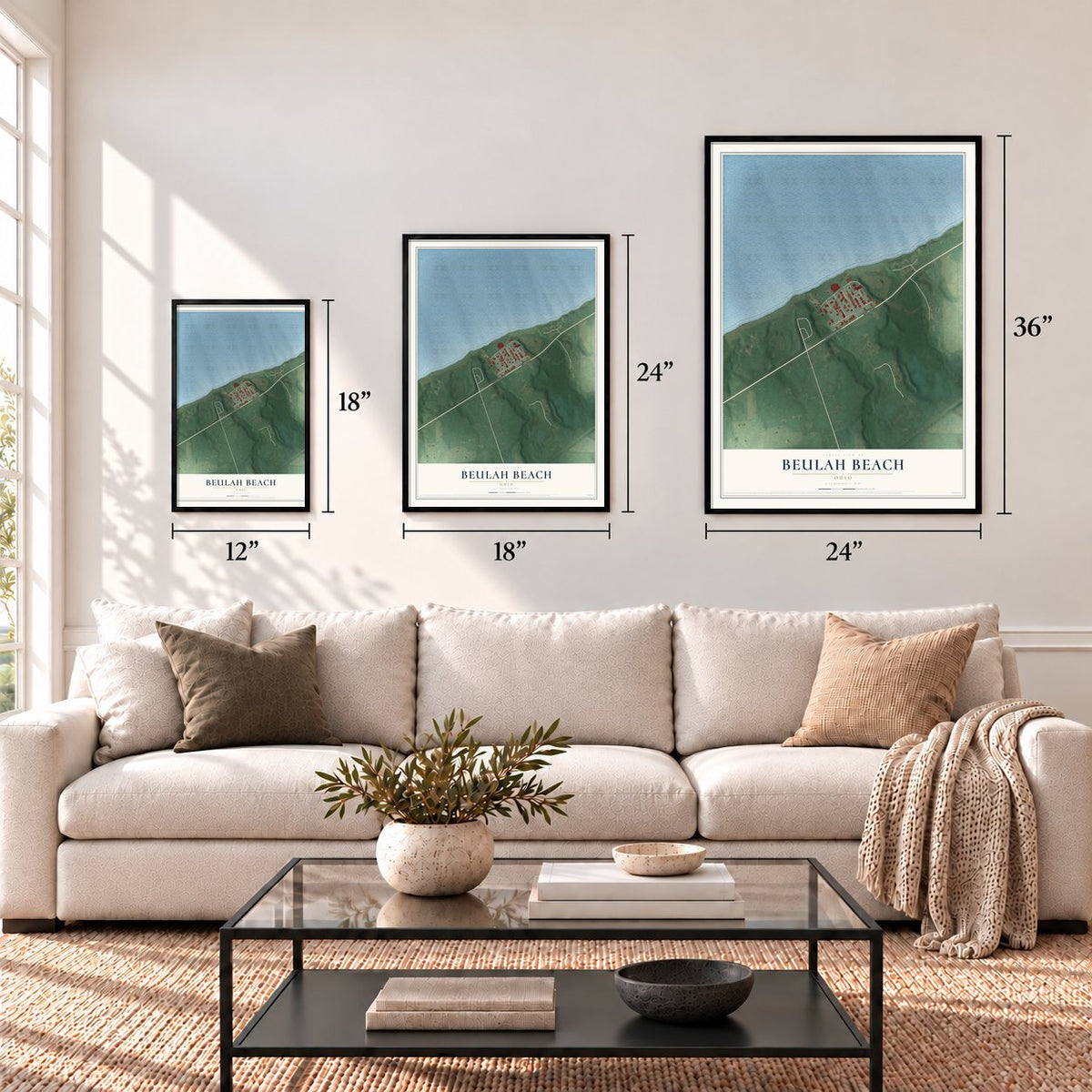 Beulah Beach, Ohio map in 12 x 18, 18 x 24 and 24 x 36 inch sizes above a sofa