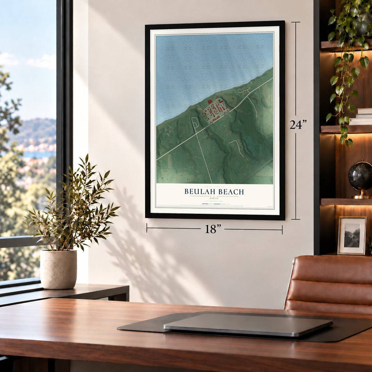 Beulah Beach, Ohio map, 18 x 24 inch print in a black frame in a home office