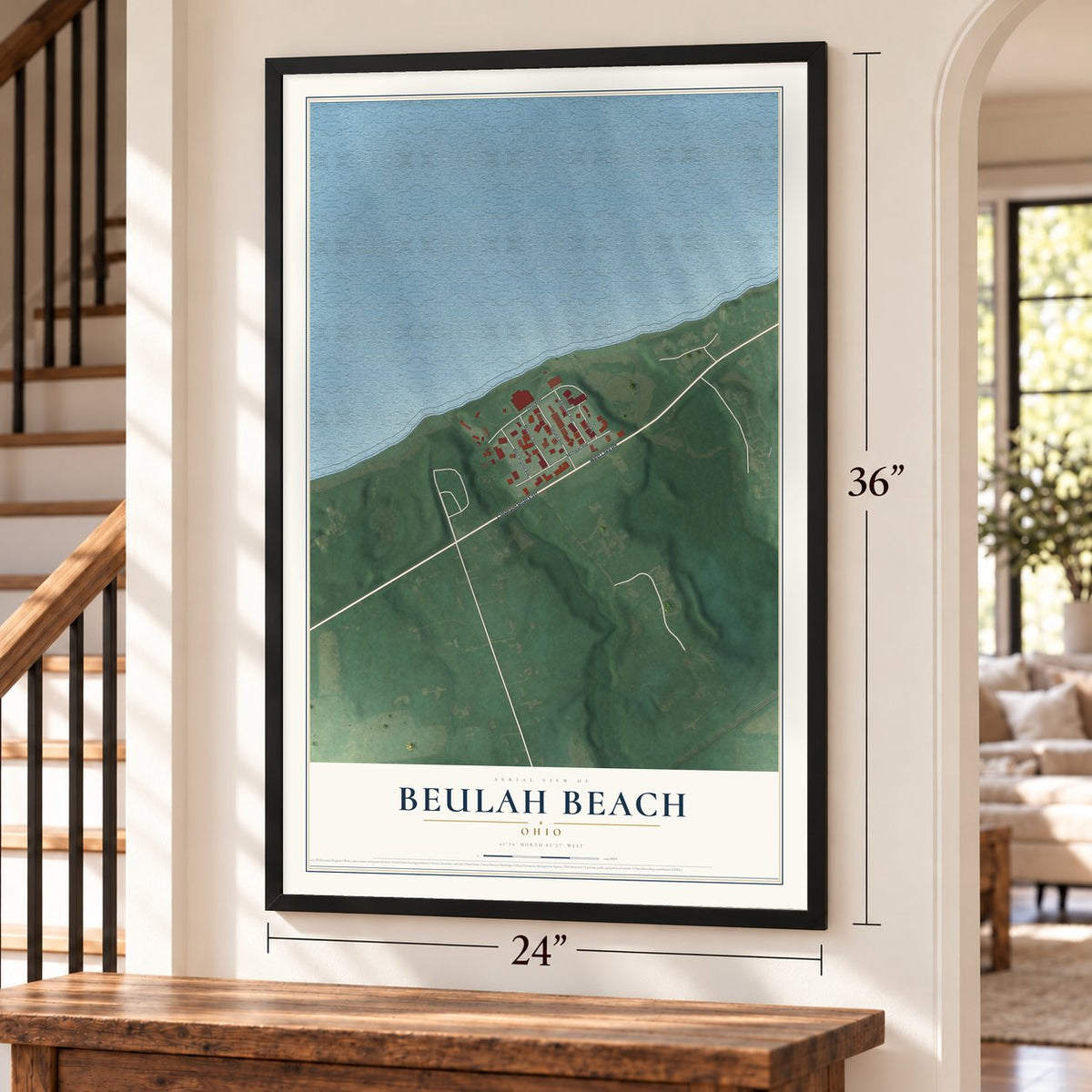 Beulah Beach, Ohio map, 24 x 36 inch print in a black frame by a staircase
