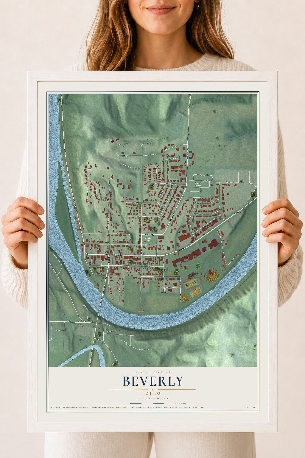 Map of Beverly, Ohio, 18 x 24 inch print in a white wood frame