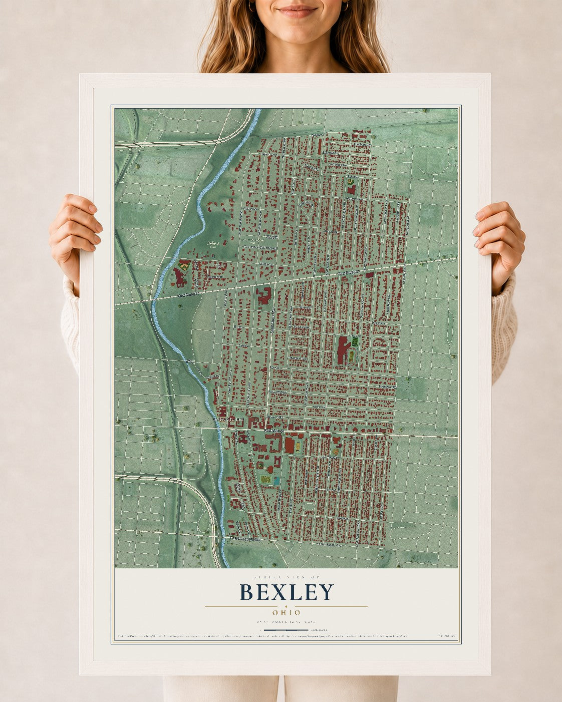 Map of Bexley, Ohio, 24 x 36 inch print in a white wood frame