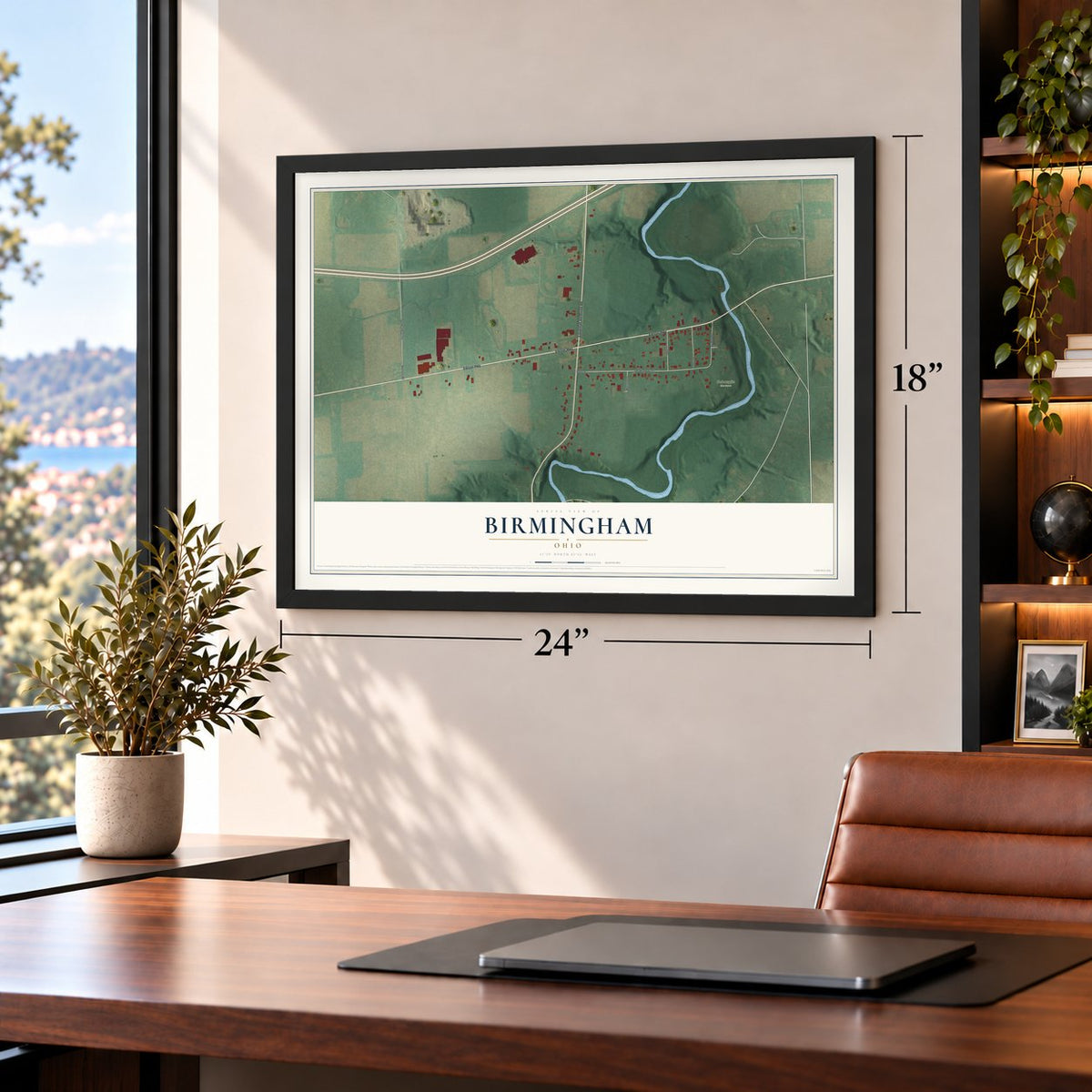 Birmingham, Ohio map, 18 x 24 inch print in a black frame in a home office
