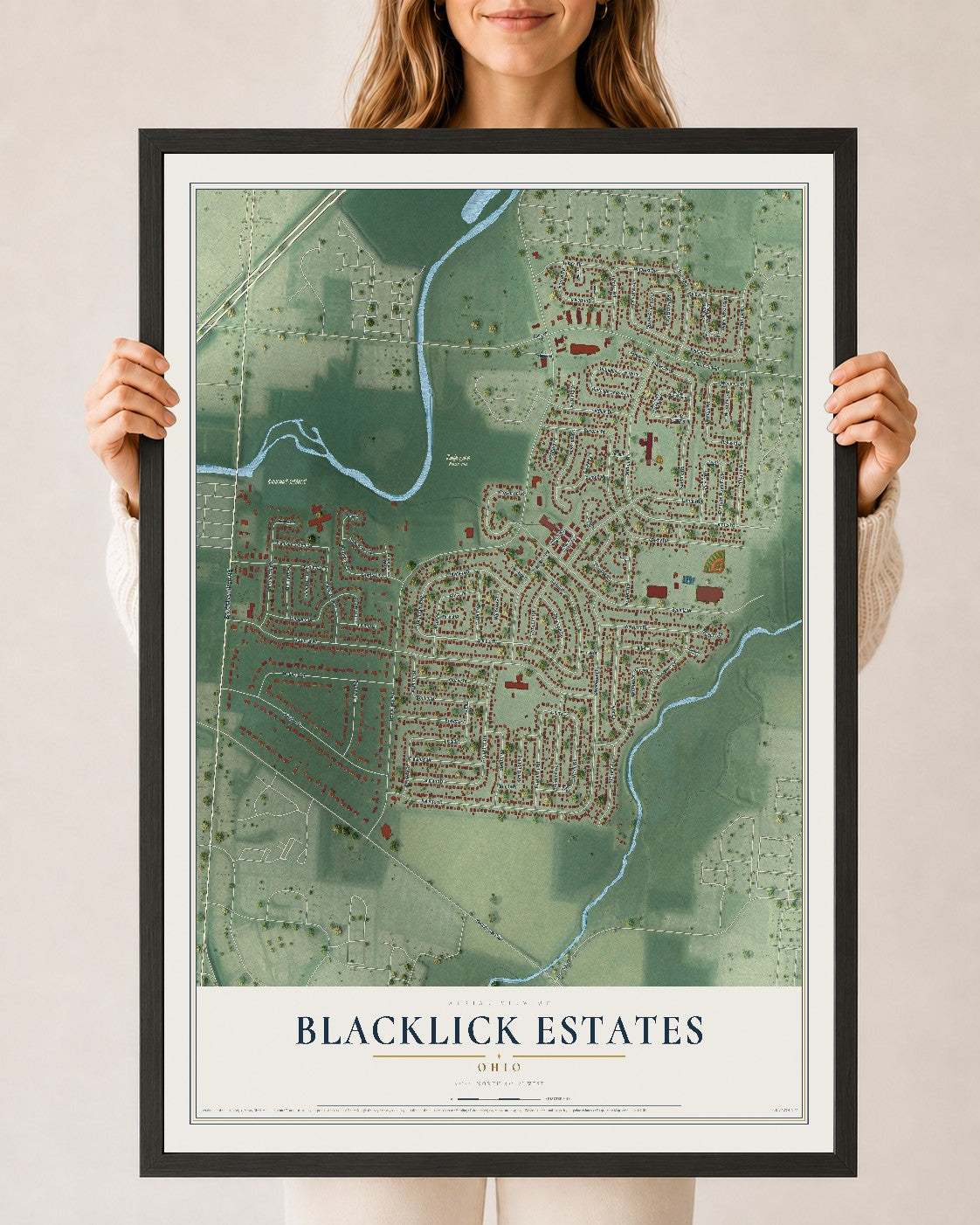 Map of Blacklick Estates, Ohio, 24 x 36 inch print in a black wood frame