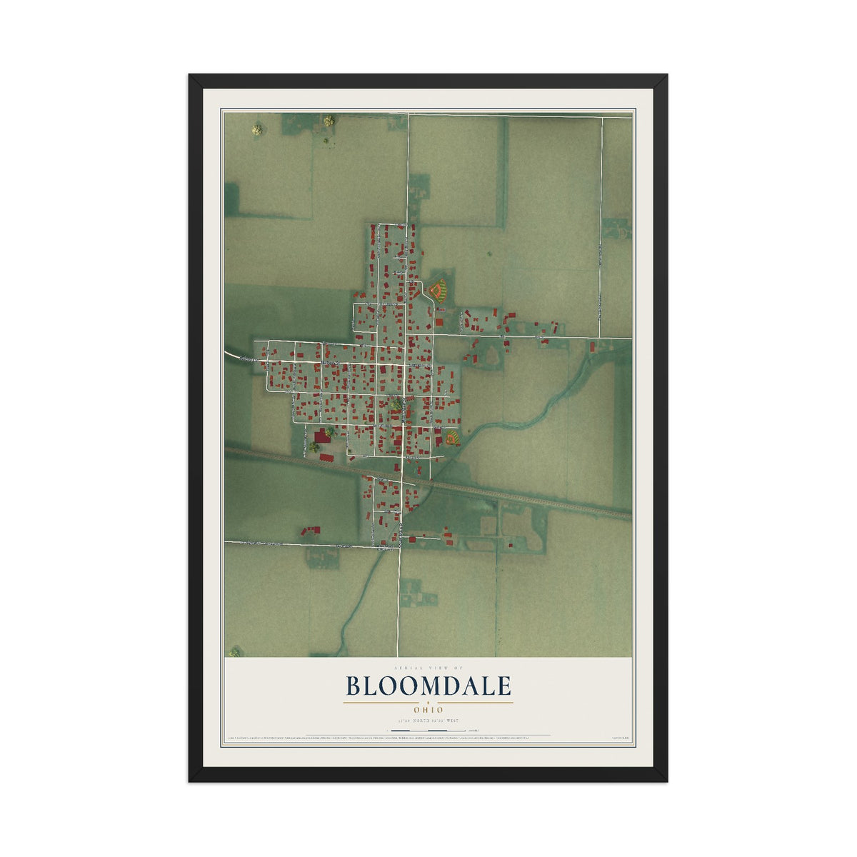 Map of Bloomdale, Ohio, 12 x 18 inch print in a black wood frame