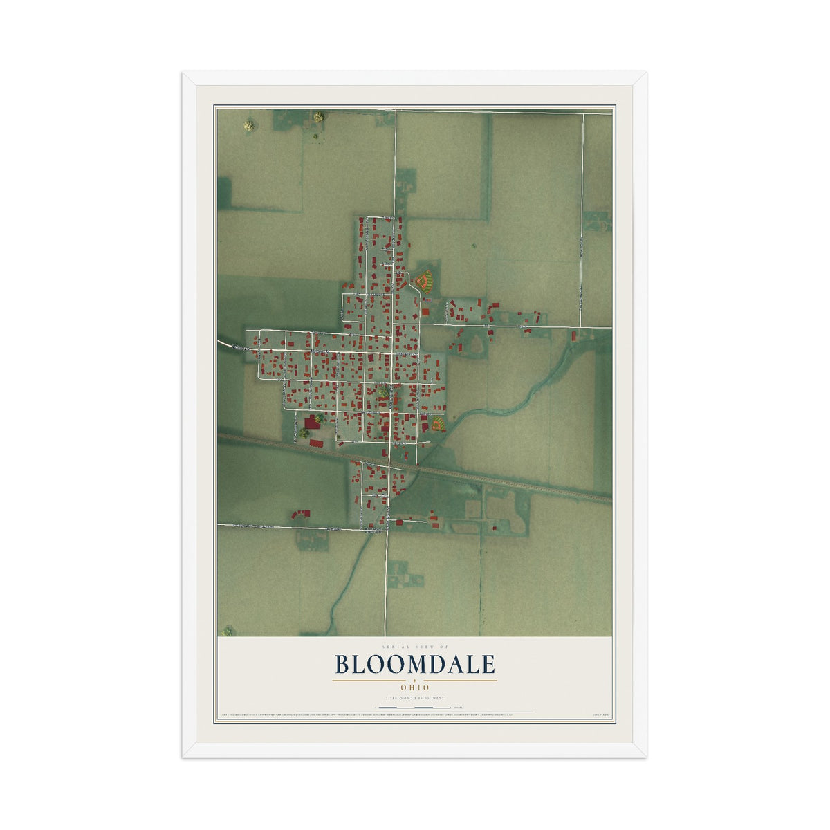 Map of Bloomdale, Ohio, 12 x 18 inch print in a white wood frame
