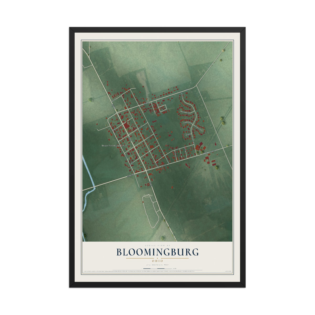 Map of Bloomingburg, Ohio, 12 x 18 inch print in a black wood frame