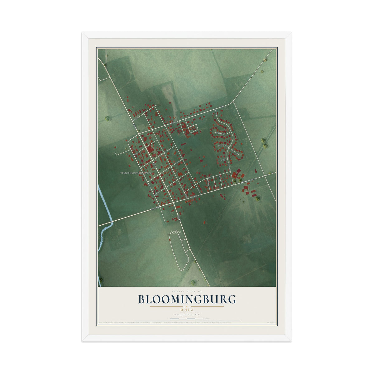 Map of Bloomingburg, Ohio, 12 x 18 inch print in a white wood frame