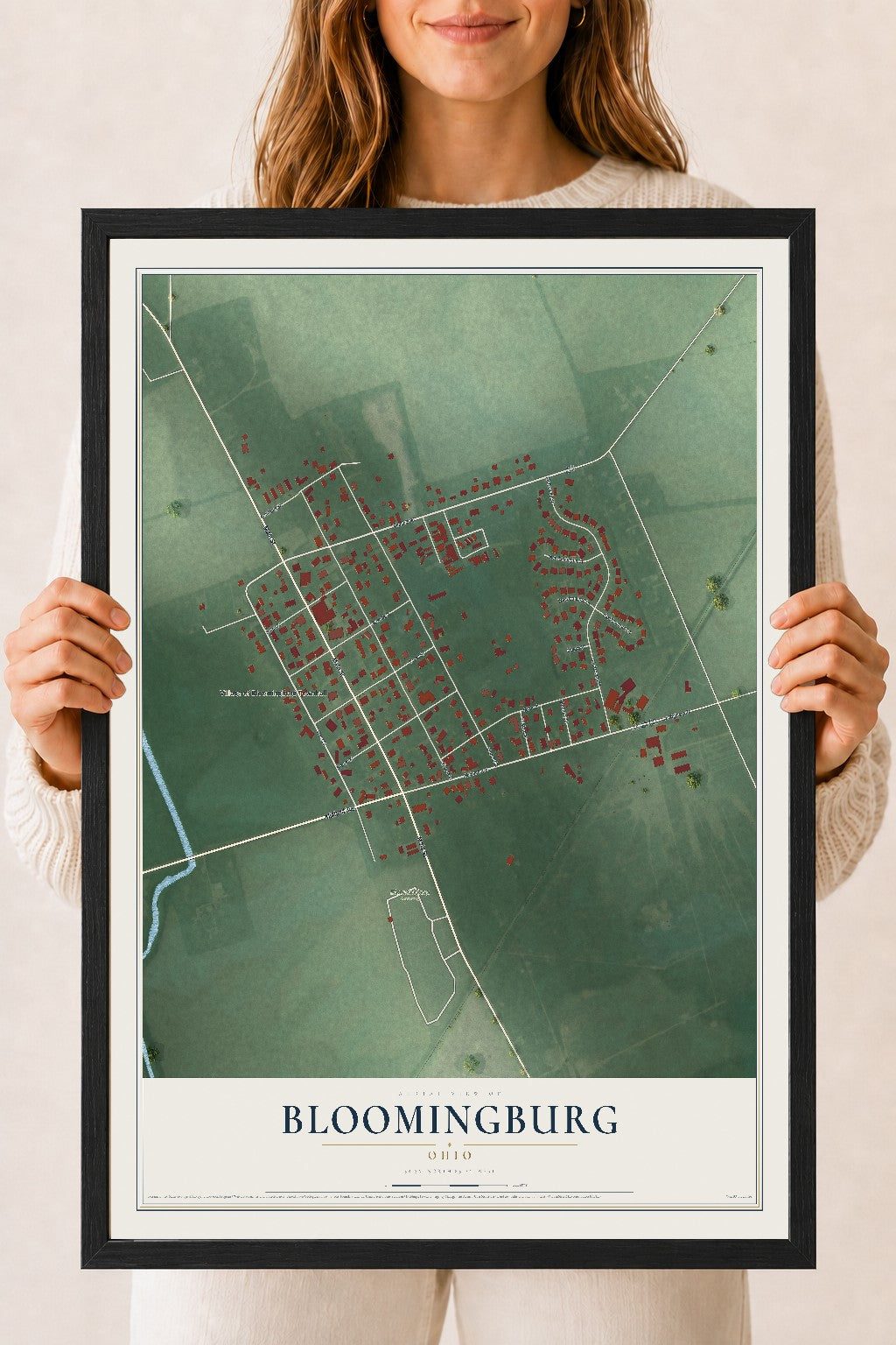 Map of Bloomingburg, Ohio, 18 x 24 inch print in a black wood frame