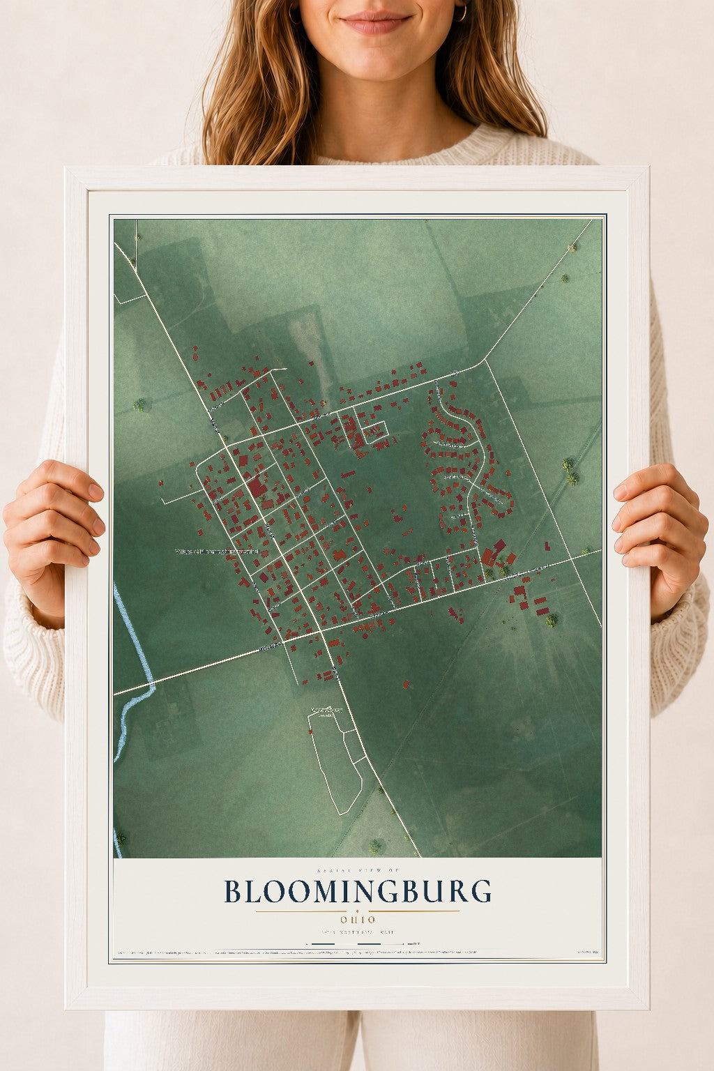 Map of Bloomingburg, Ohio, 18 x 24 inch print in a white wood frame