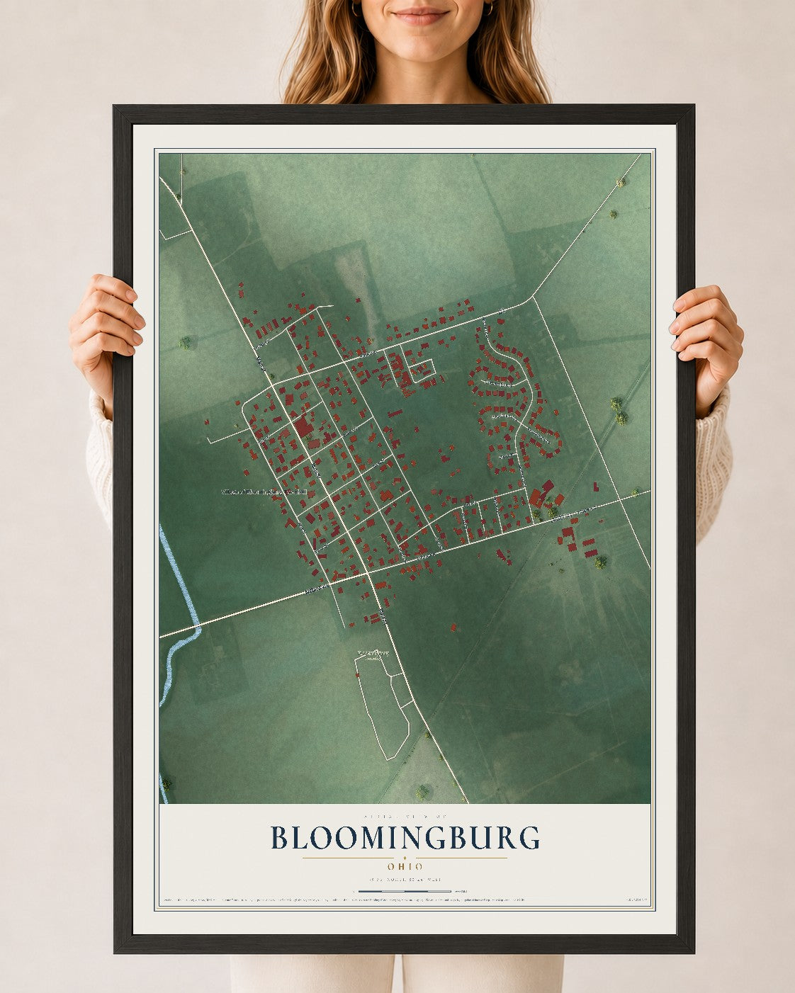 Map of Bloomingburg, Ohio, 24 x 36 inch print in a black wood frame