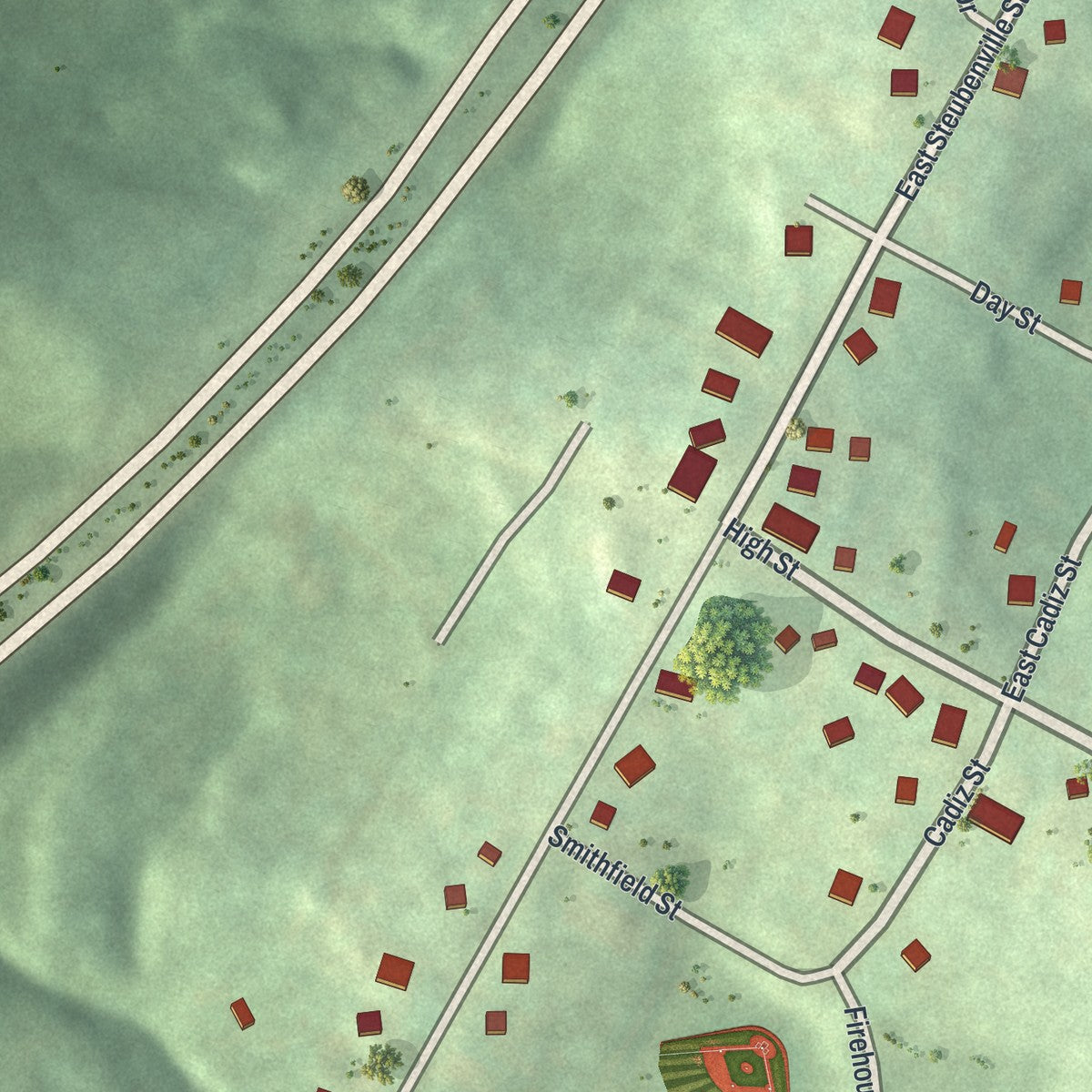 Second close-up of the map of Bloomingdale, Ohio print showing more streets and buildings