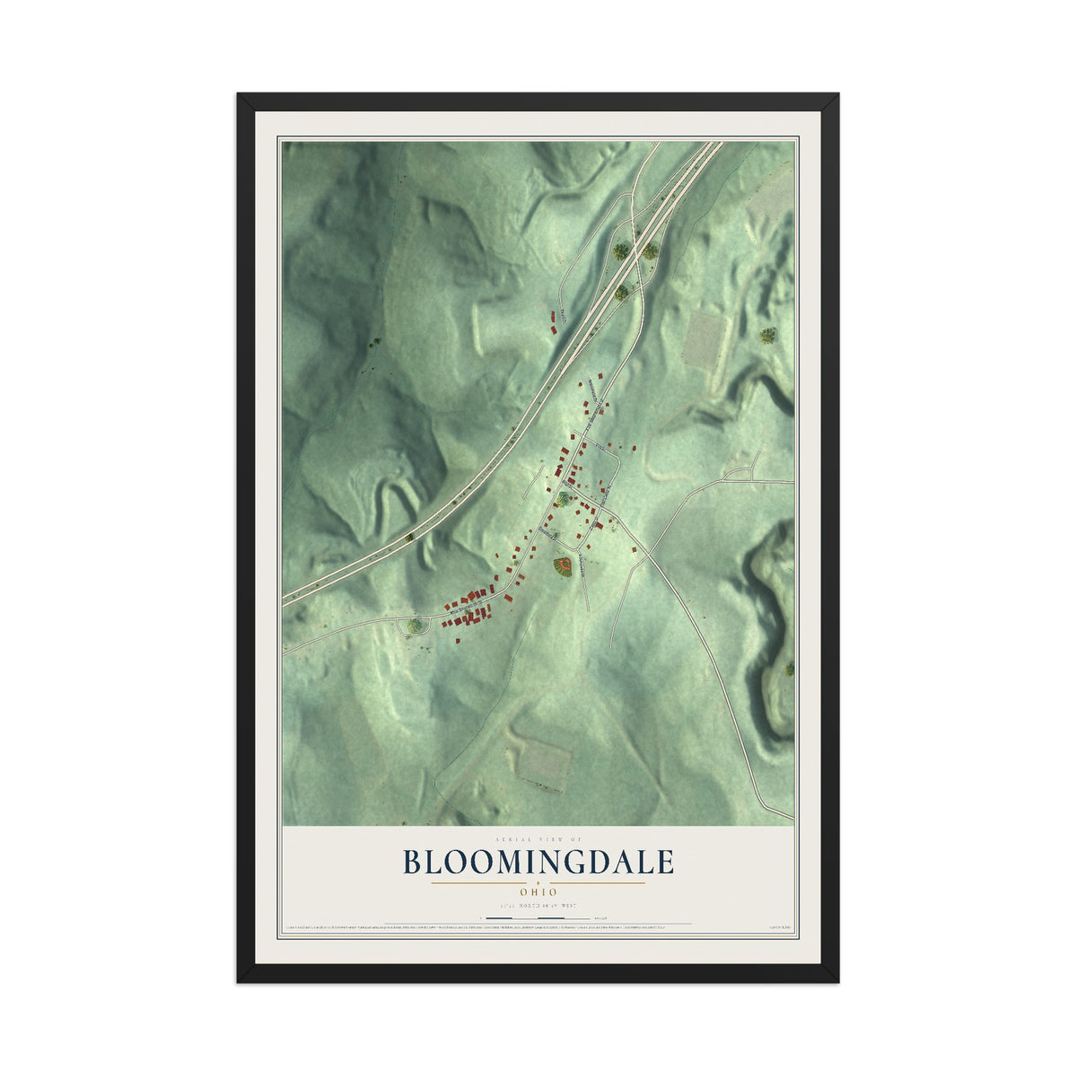 Map of Bloomingdale, Ohio, 12 x 18 inch print in a black wood frame