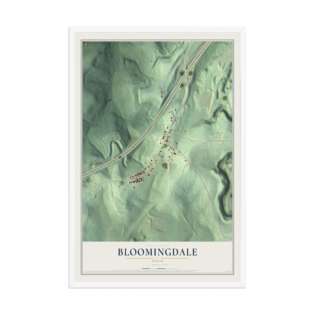 Map of Bloomingdale, Ohio, 12 x 18 inch print in a white wood frame