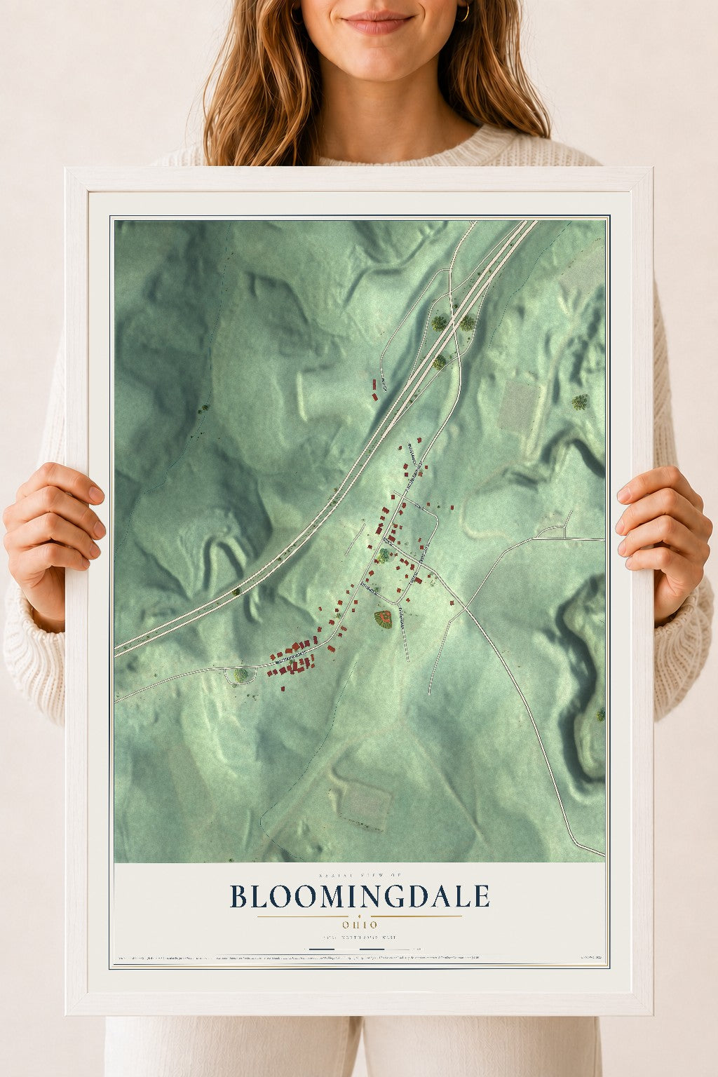 Map of Bloomingdale, Ohio, 18 x 24 inch print in a white wood frame