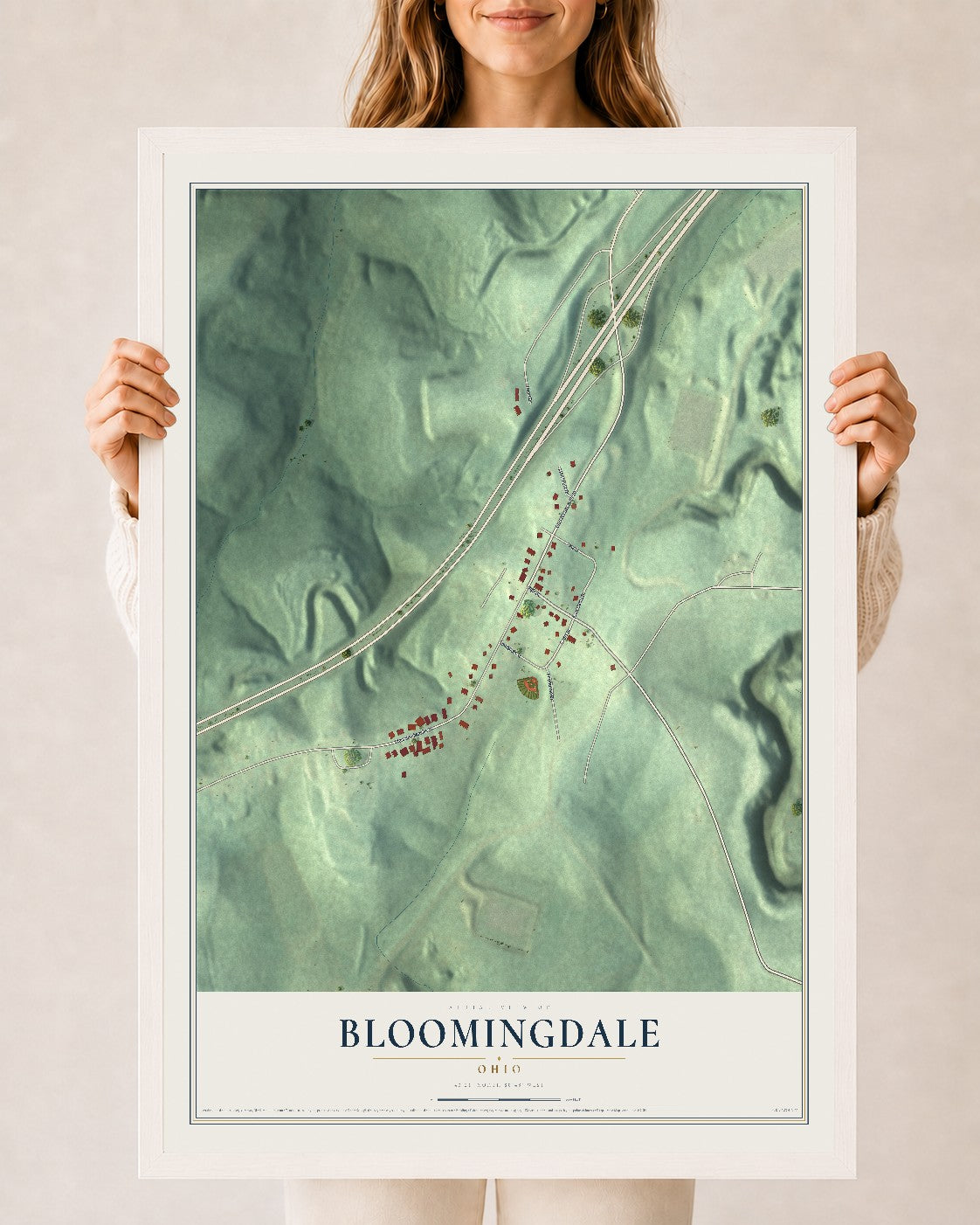 Map of Bloomingdale, Ohio, 24 x 36 inch print in a white wood frame
