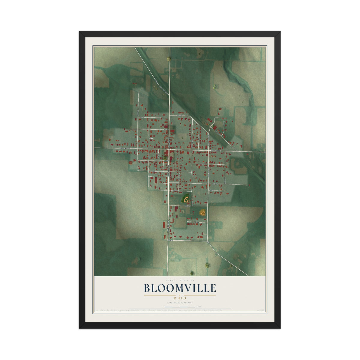 Map of Bloomville, Ohio, 12 x 18 inch print in a black wood frame