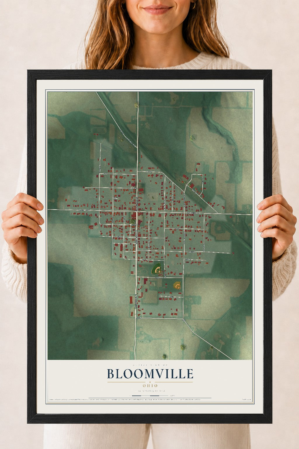 Map of Bloomville, Ohio, 18 x 24 inch print in a black wood frame