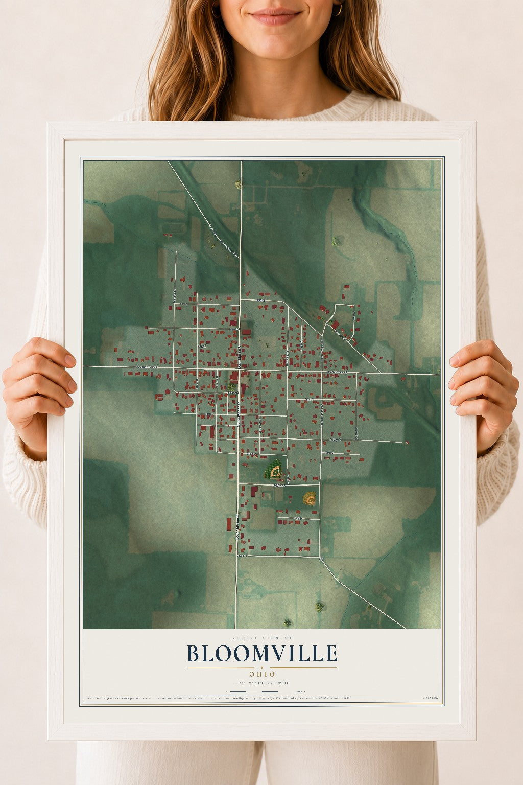 Map of Bloomville, Ohio, 18 x 24 inch print in a white wood frame