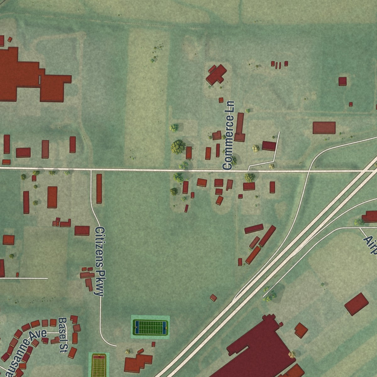 Second close-up of the map of Bluffton, Ohio print showing more streets and buildings