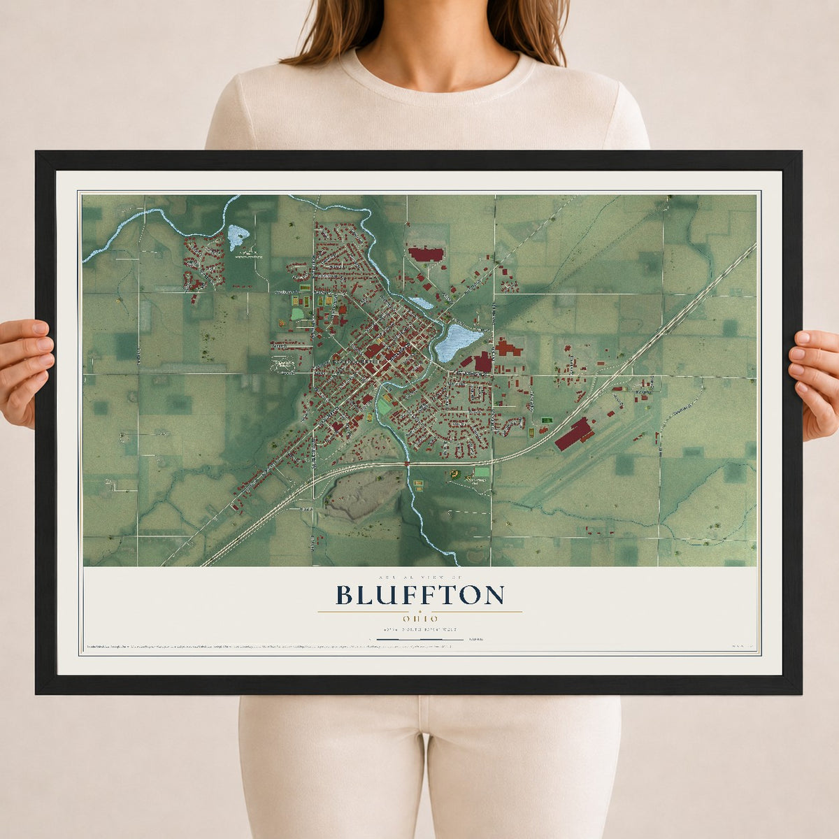 Map of Bluffton, Ohio, 18 x 24 inch print in a black wood frame