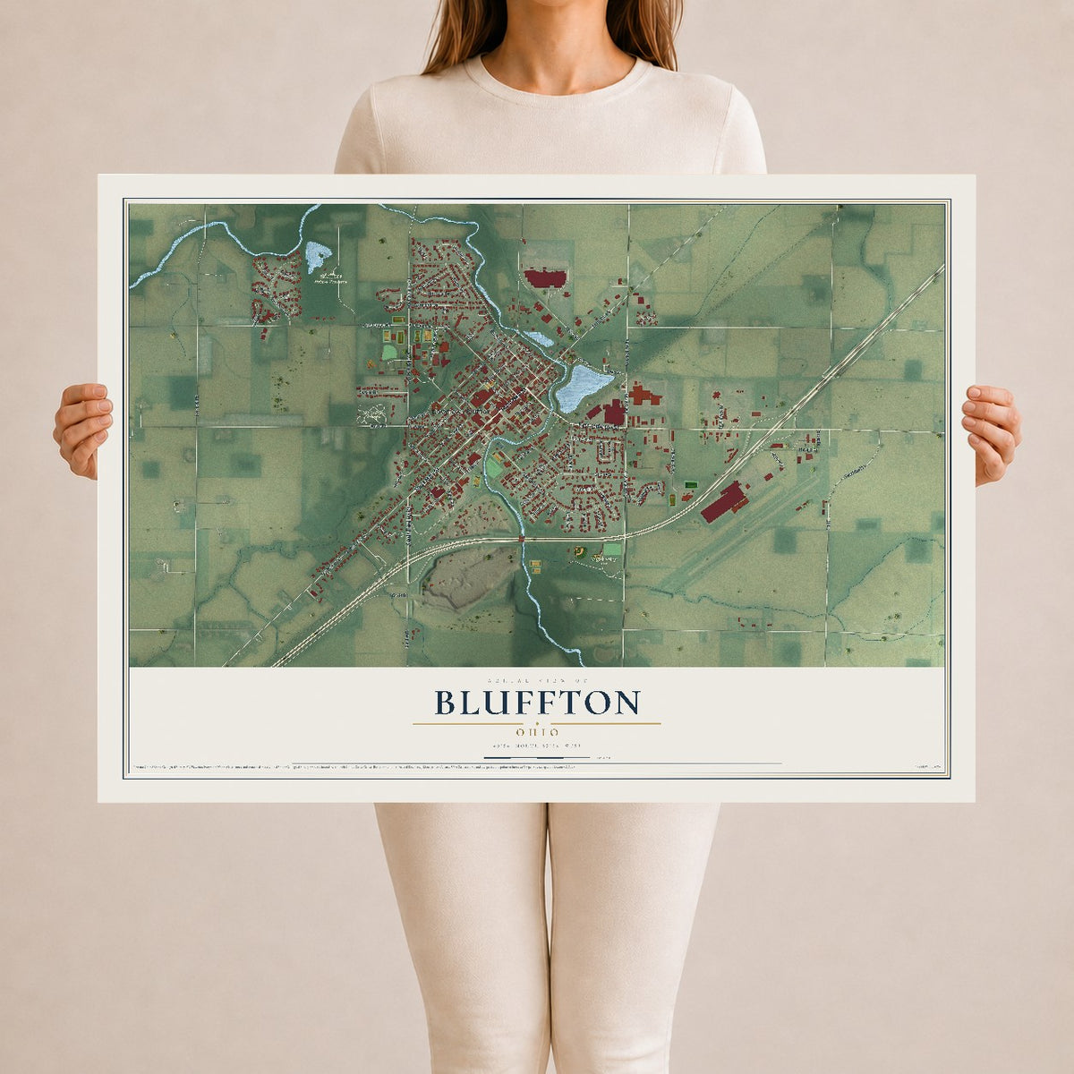 Map of Bluffton, Ohio, 24 x 36 inch unframed archival matte print