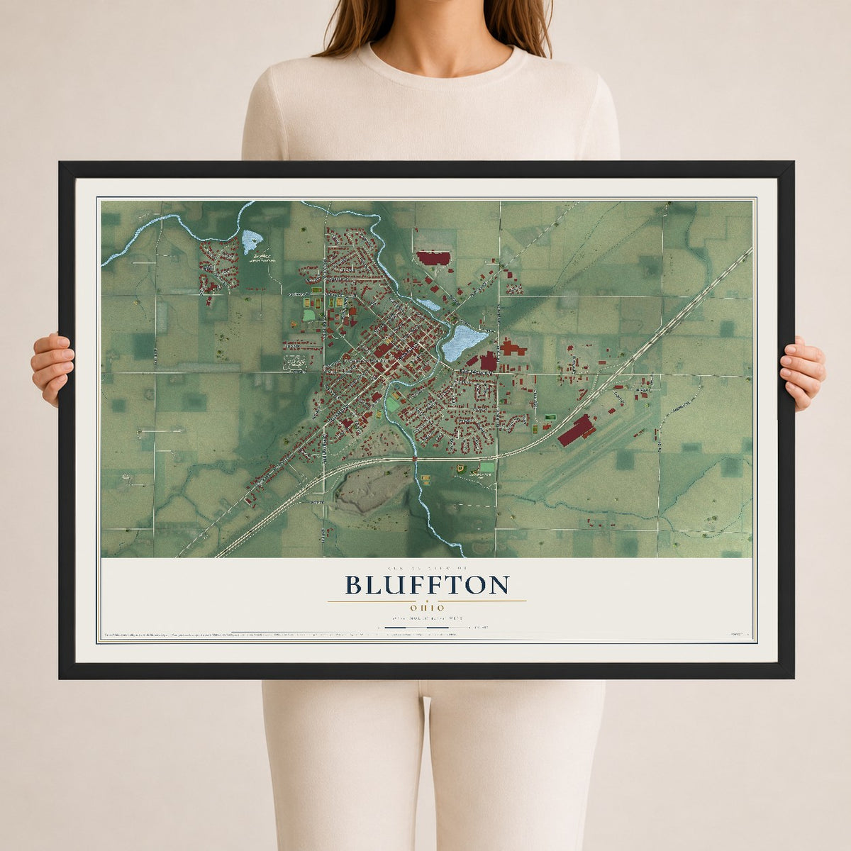 Map of Bluffton, Ohio, 24 x 36 inch print in a black wood frame