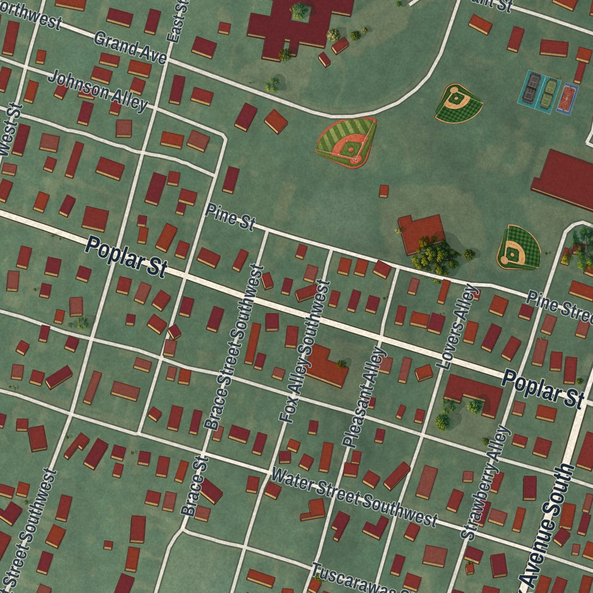Second close-up of the map of Bolivar, Ohio print showing more streets and buildings