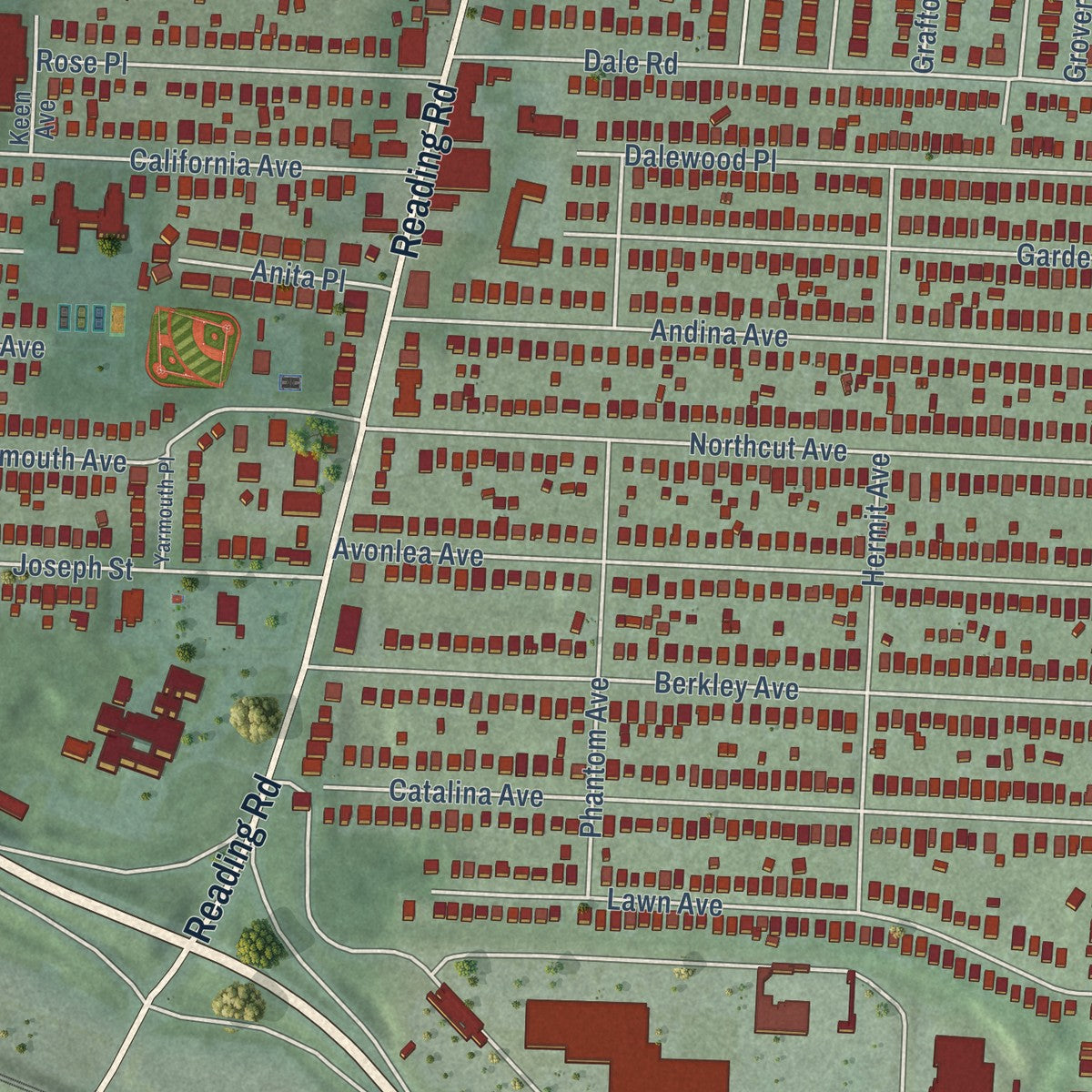Close-up of the map of Bond Hill, Ohio print showing street and building detail