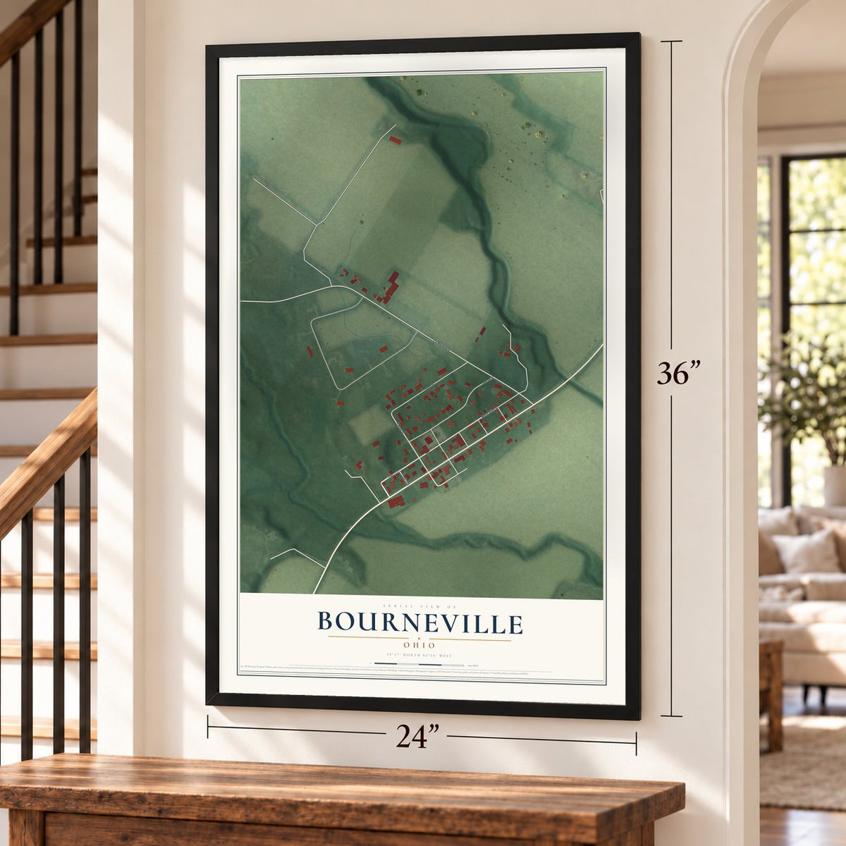 Bourneville, Ohio map, 24 x 36 inch print in a black frame by a staircase