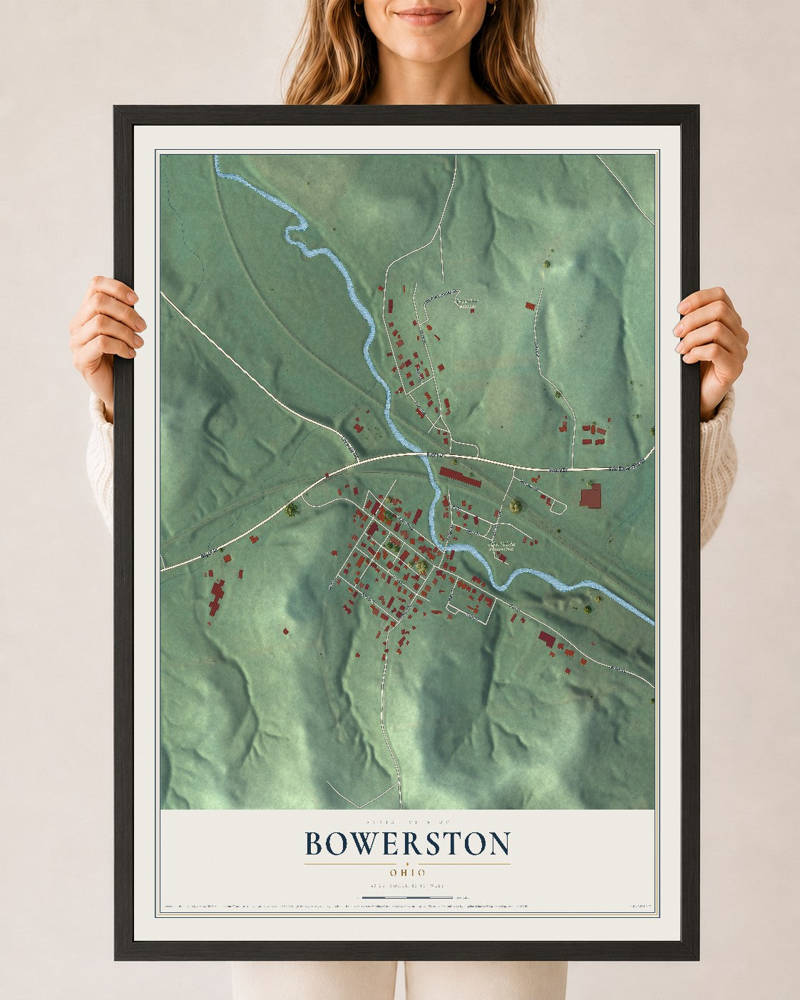Map of Bowerston, Ohio, 24 x 36 inch print in a black wood frame