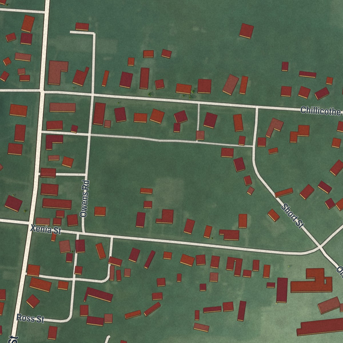 Close-up of the map of Bowersville, Ohio print showing street and building detail