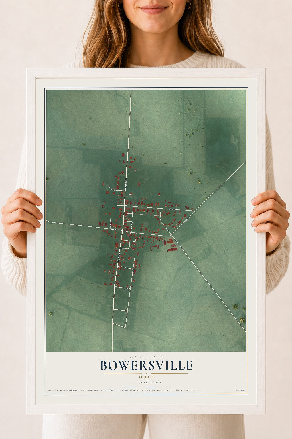 Map of Bowersville, Ohio, 18 x 24 inch print in a white wood frame