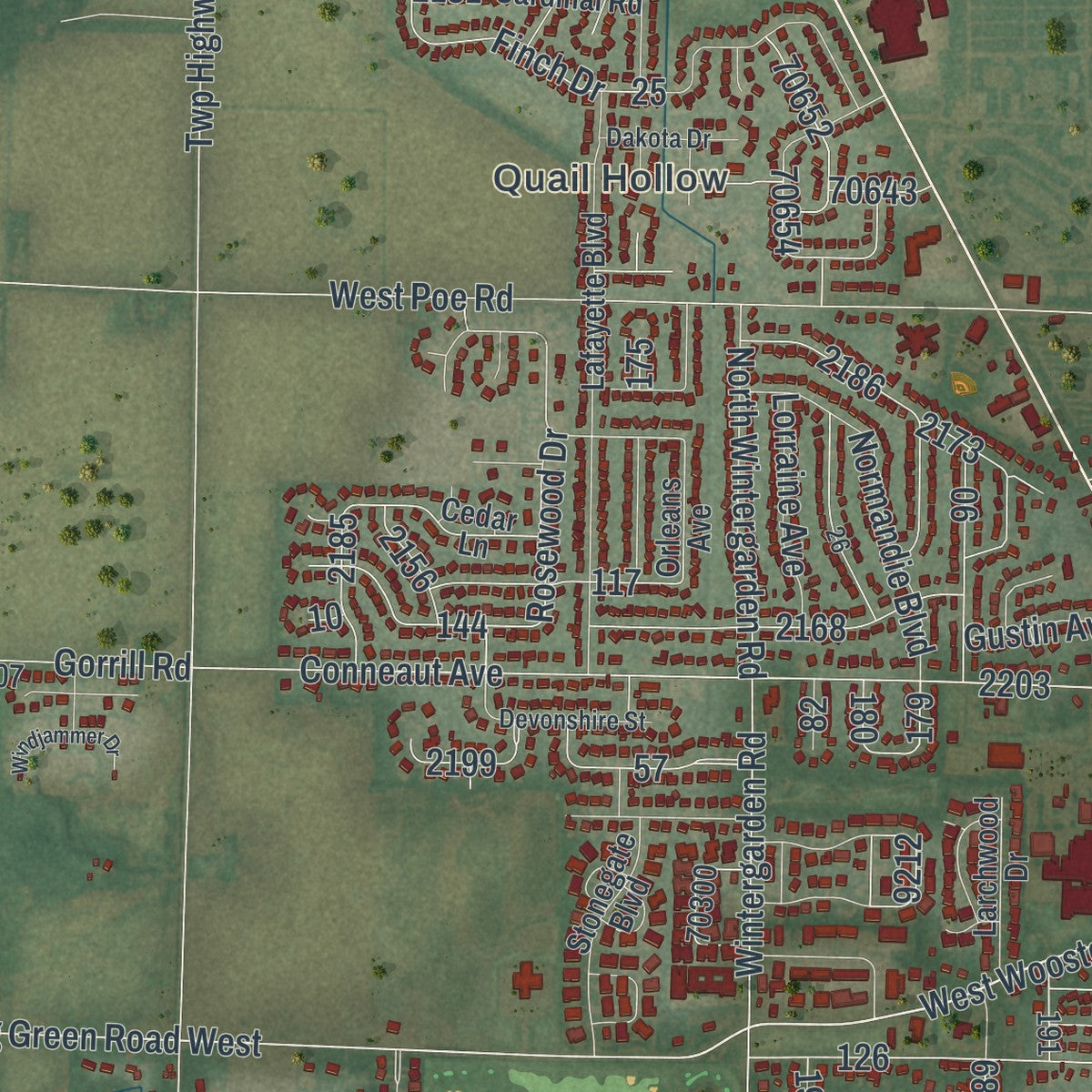 Second close-up of the map of Bowling Green, Ohio print showing more streets and buildings