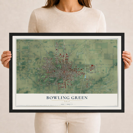 Map of Bowling Green, Ohio, 12 x 18 inch print in a black wood frame