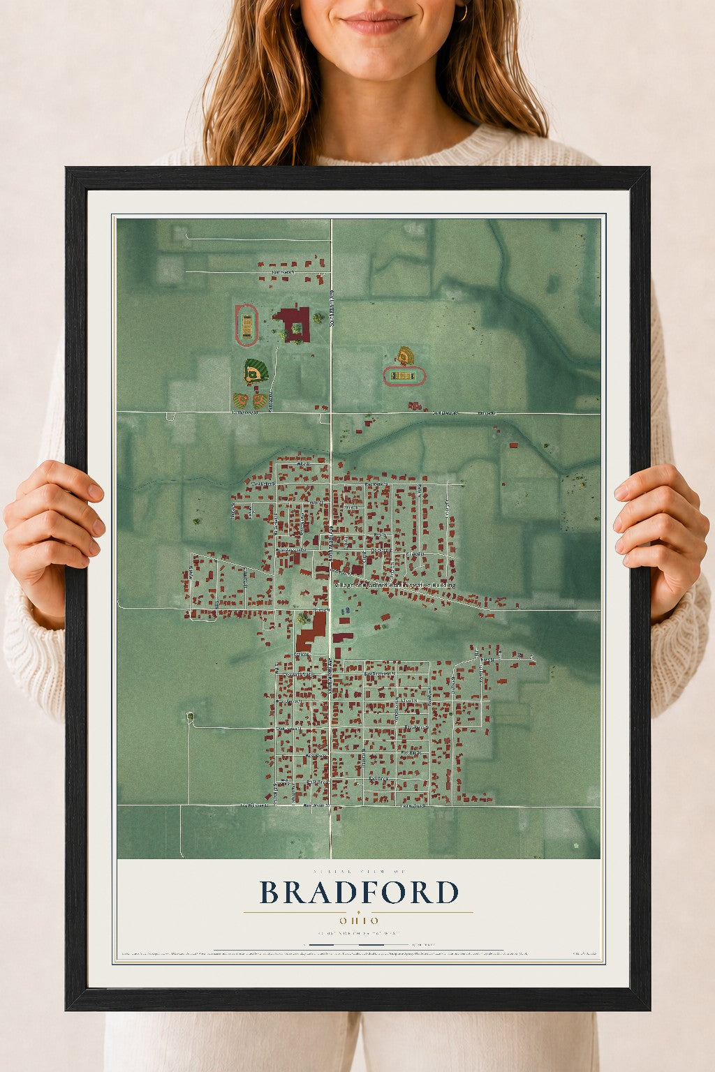 Map of Bradford, Ohio, 18 x 24 inch print in a black wood frame
