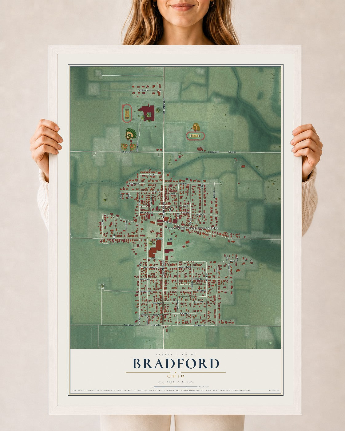 Map of Bradford, Ohio, 24 x 36 inch print in a white wood frame