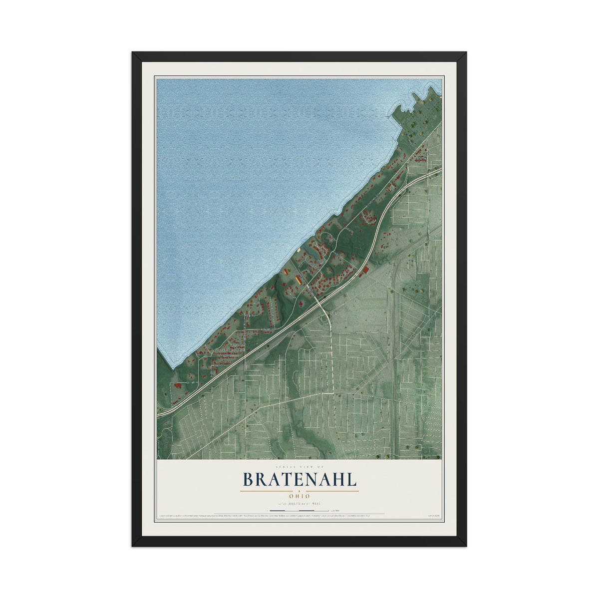 Map of Bratenahl, Ohio, 12 x 18 inch print in a black wood frame