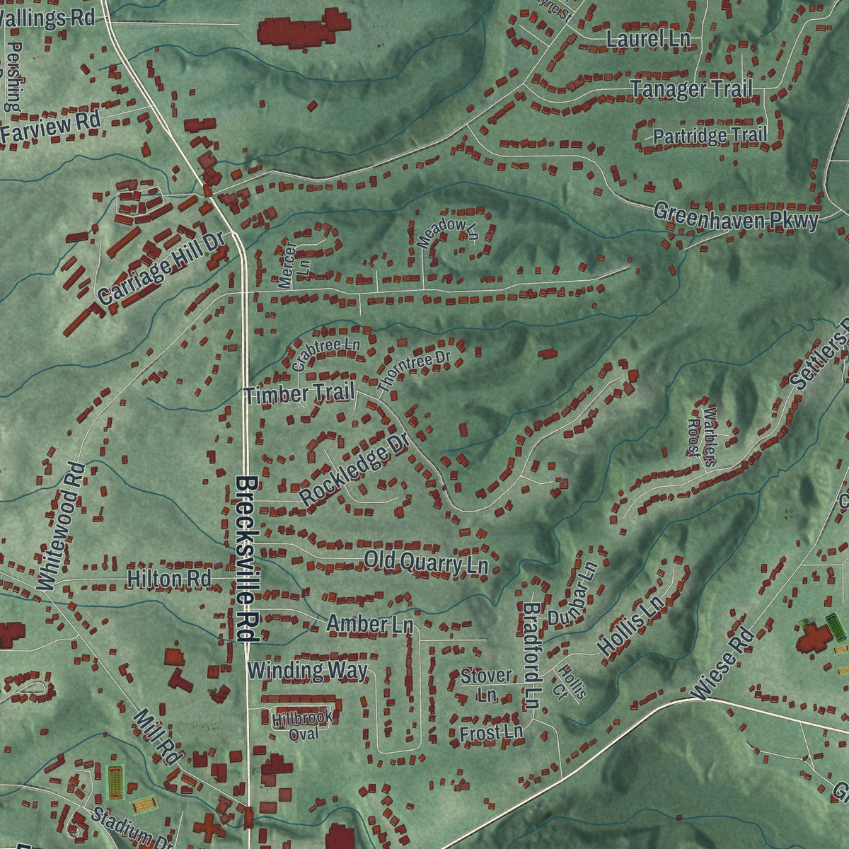Second close-up of the map of Brecksville, Ohio print showing more streets and buildings