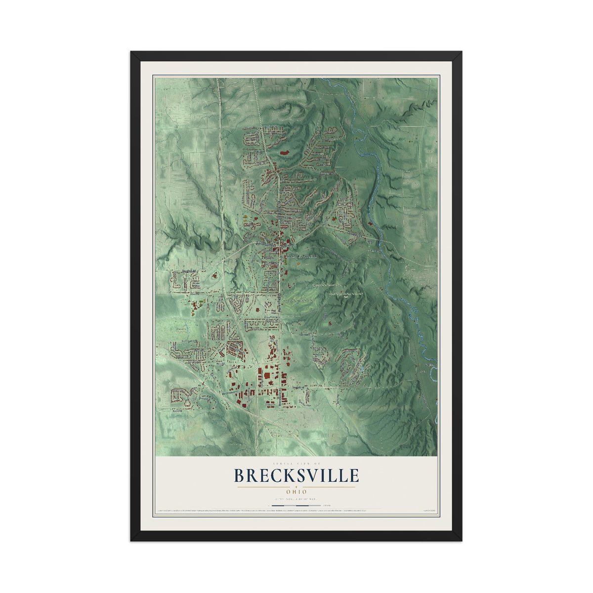 Map of Brecksville, Ohio, 12 x 18 inch print in a black wood frame