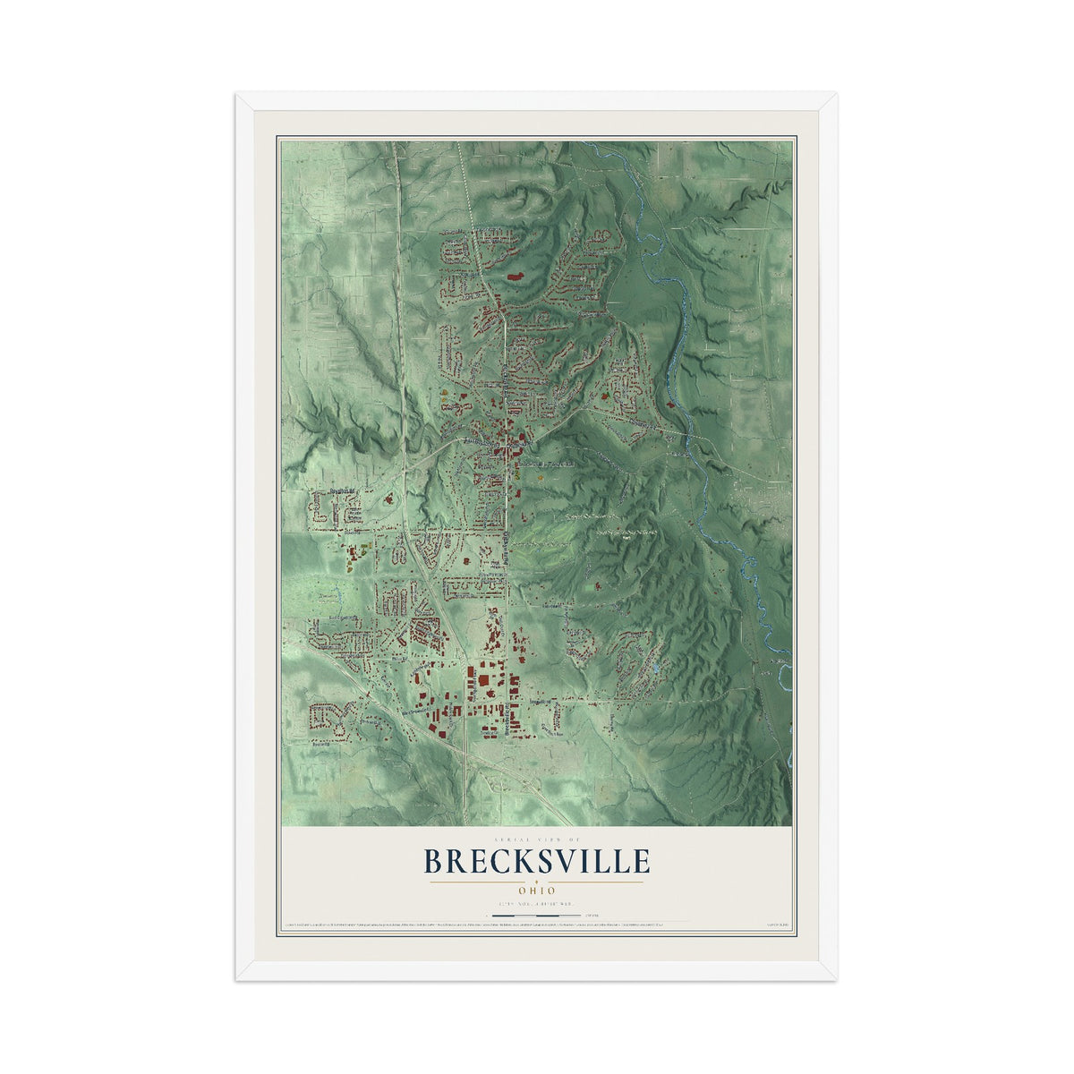 Map of Brecksville, Ohio, 12 x 18 inch print in a white wood frame