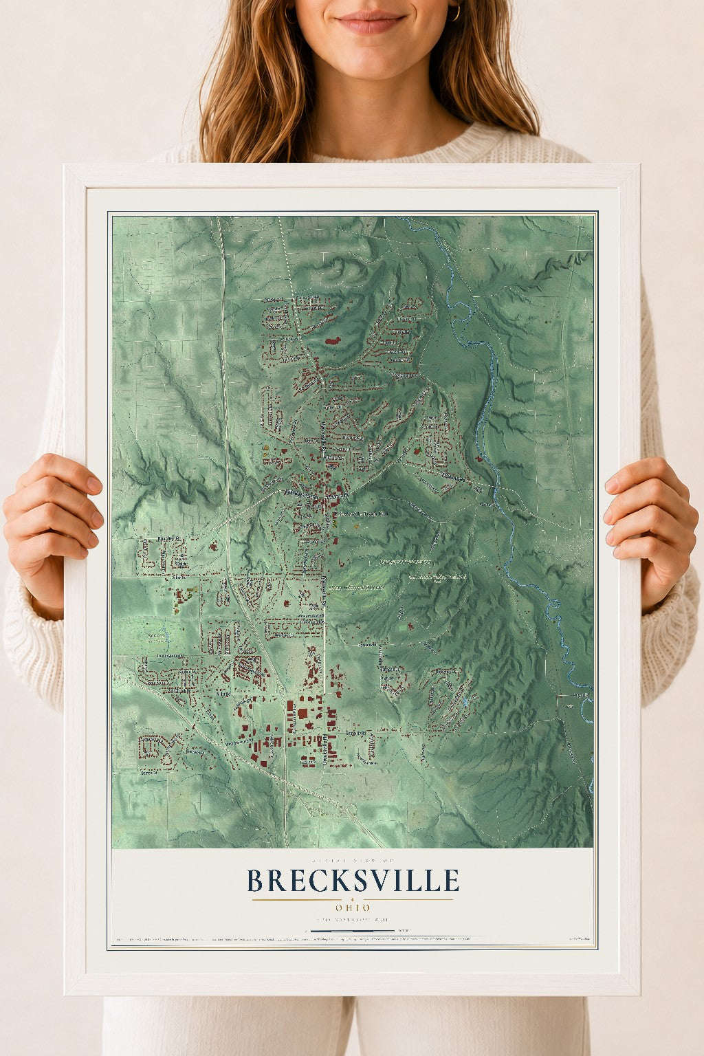 Map of Brecksville, Ohio, 18 x 24 inch print in a white wood frame
