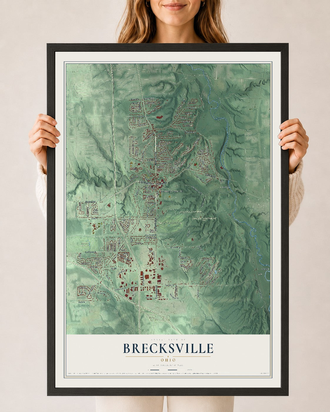 Map of Brecksville, Ohio, 24 x 36 inch print in a black wood frame