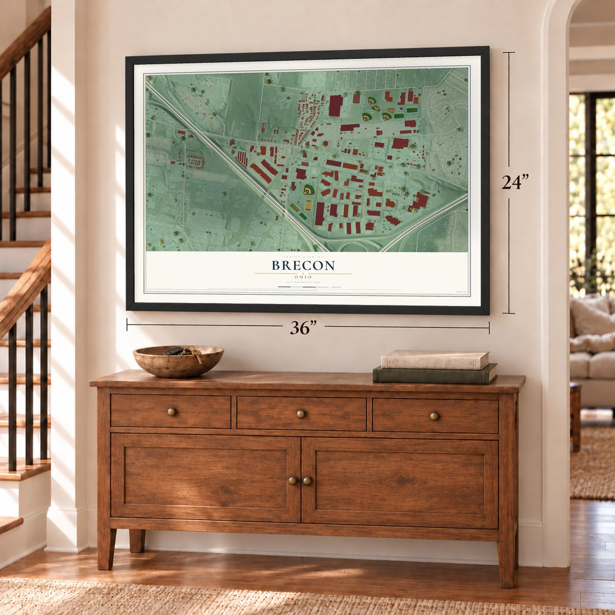 Brecon, Ohio map, 24 x 36 inch print in a black frame above a dresser by a staircase