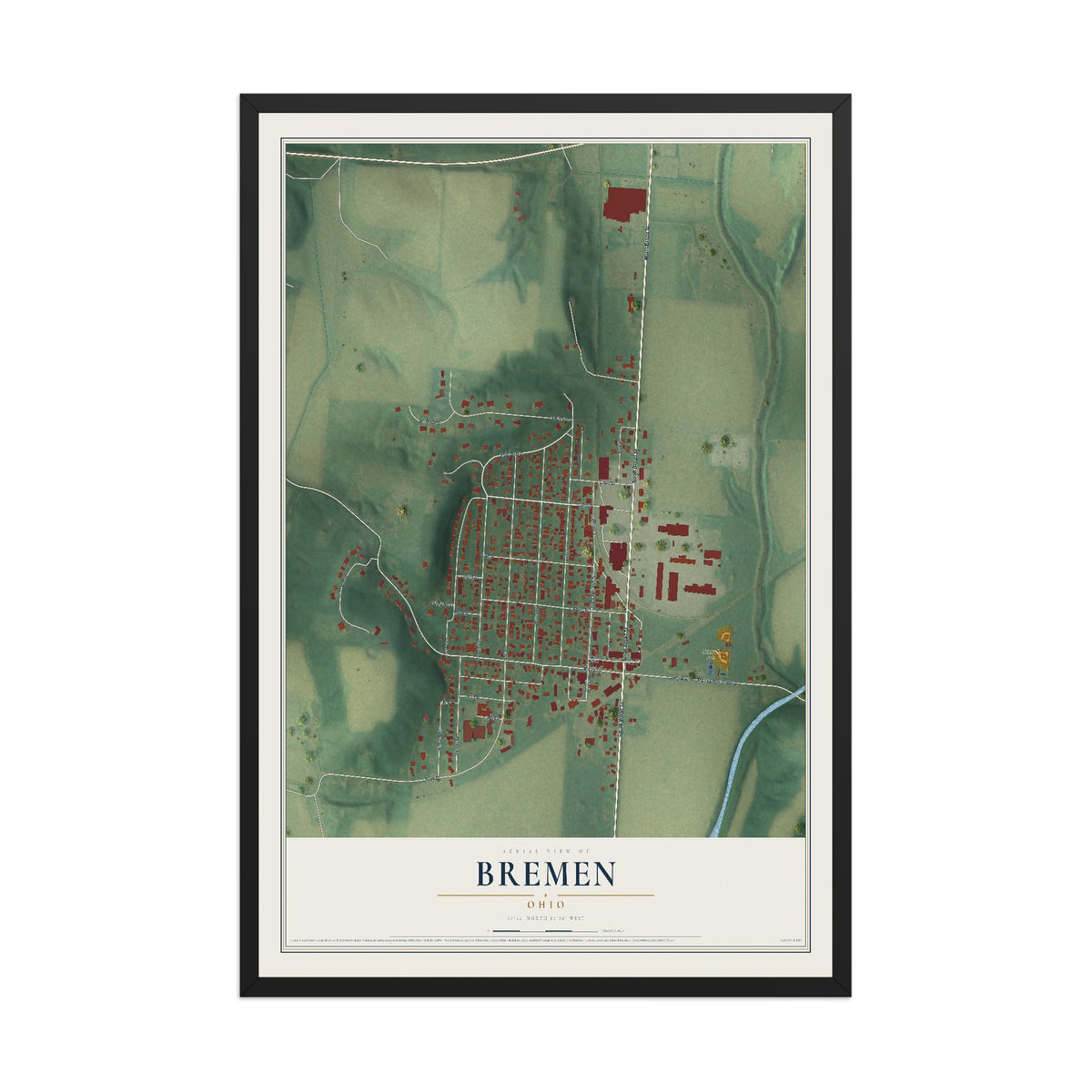 Map of Bremen, Ohio, 12 x 18 inch print in a black wood frame