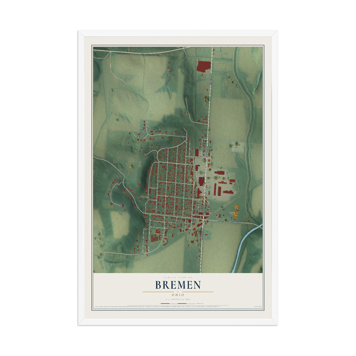 Map of Bremen, Ohio, 12 x 18 inch print in a white wood frame